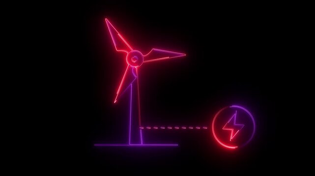 Singl eneon white outline wind turbine connected to a lightning bolt symbol on white background wind power.Neon glowing Wind energy in continuous line art.4k