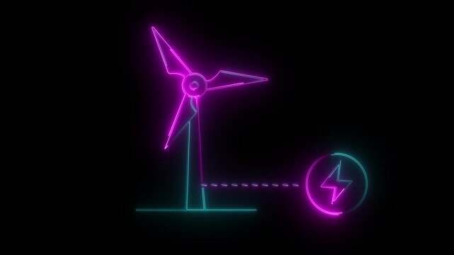 Singl eneon white outline wind turbine connected to a lightning bolt symbol on white background wind power.Neon glowing Wind energy in continuous line art.4k