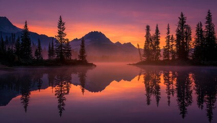 Majestic sunrise over a tranquil lake with mirrored reflections and silhouetted trees