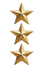 Fototapeta premium Vertical arrangement of three gold, pointed stars, against a white background