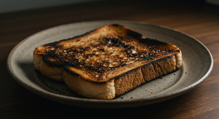 Burnt toast breakfast food charred bread slice on plate dark background kitchen cooking culinary photography
