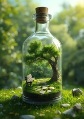 Fantasy miniature garden inside glass bottle with tree and bench