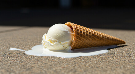 Delicious vanilla ice cream cone melting on a warm day, summer treat gone too soon, sweet dessert, perfect for illustrating seasonal indulgence