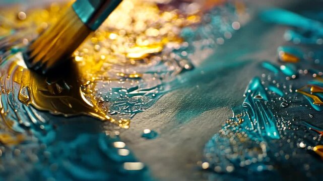 Close-up view of a paintbrush applying vibrant shimmering gold liquid paint to abstract artwork with rich teal textures for creative process art design inspiration painting technique concept