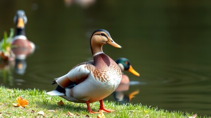 ducks enjoying a serene moment by the peaceful waterfront in a lush setting