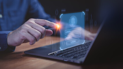 Cybersecurity login with fingerprint authentication on laptop, illustrating secure digital identity, data protection, password access, and advanced technology for safe online transactions and privacy.