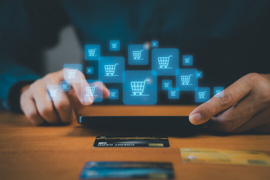 Digital shopping concept with smartphone, credit card payment, and e-commerce cart icons, representing online retail, secure transaction, and modern consumer behavior in digital marketplace.
