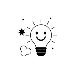 Cartoon lightbulb with smiley, star, cloud, & dots