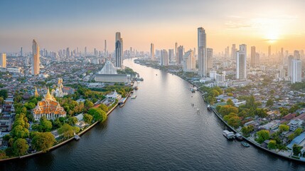 Obraz premium Bangkok Cityscape at Sunset: Chao Phraya River Dividing Modern Skyline with Golden Light Reflecting on Water