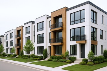 Fototapeta premium Modern Townhouses with Balconies and Green Landscaping in a Suburban Neighborhood on a Cloudy Day