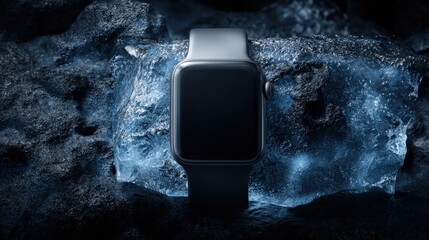 Sleek Smartwatch Displayed on Textured Blue Surface, Representing Modern Technology and Connectivity, Minimalist Aesthetic