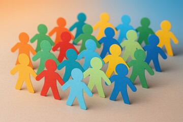Diverse Paper People Standing Together Symbolizing Unity, Collaboration, and Community Engagement on a Neutral Background
