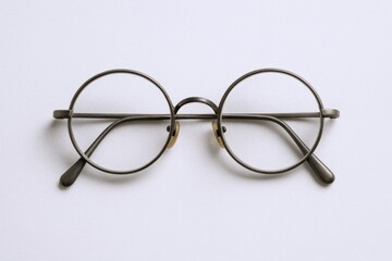 Vintage Round Eyeglasses Close-Up on White Background, Classic Style, Minimalist Aesthetic, Eye Health and Vision