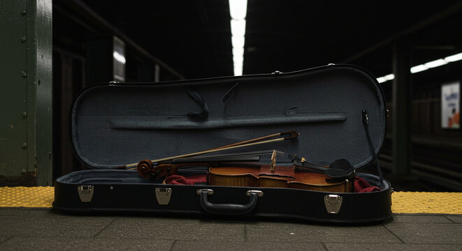 Violin case subway station music instrument transportation public transit platform urban scene waiting