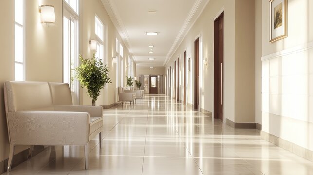 A long hallway with a white wall and a white floor