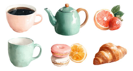 Colorful Illustrations of Coffee, Teapot, Fruit, Croissant, and Macarons on Transparent Background