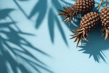 Three pineapples with shadows of tropical leaves against a light blue backdrop