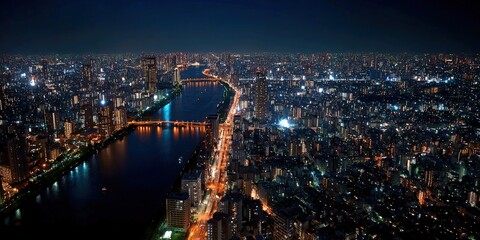 Obraz premium Night Cityscape Panorama with Illuminated Buildings, Bridges, and a River Running Through Metropolis