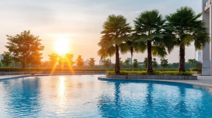 Luxury resort hotel features a stunning swimming pool surrounded by palm trees at sunset