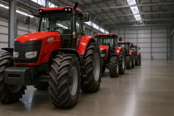 Obraz premium Row of Red Tractors in a Warehouse Ready for Distribution, Farm Equipment for Agriculture