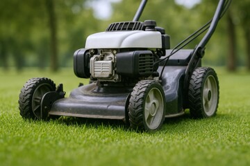 Lawnmower on Green Grass: Outdoor Equipment for Lawn Care and Garden Maintenance Tasks