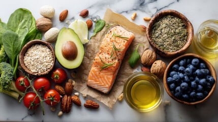 Healthy Eating Flatlay: Salmon, Avocado, Nuts, Berries, and Vegetables on Marble Background