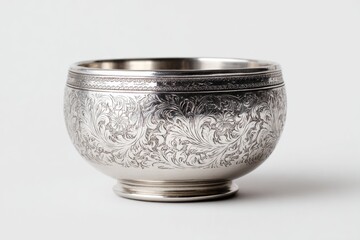 Ornate, silver bowl with floral engravings and a detailed rim on a white background