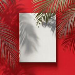 Blank white paper surrounded by vibrant red backdrop and lush green palm fronds, creating shadows