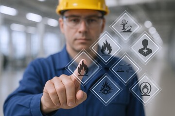 Industrial Worker Tapping Virtual Hazard Icons: Safety Compliance, Workplace Regulations, Chemical Hazards and Prevention