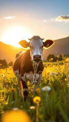 Sunlit Brown and White Cow Standing in a Meadow with Lush Green Grass Yellow Wildflowers and Distant Hills at Golden Hour