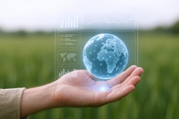 Holographic Earth Globe Displayed on Hand with Business Data Overlays Against a Green Field Background