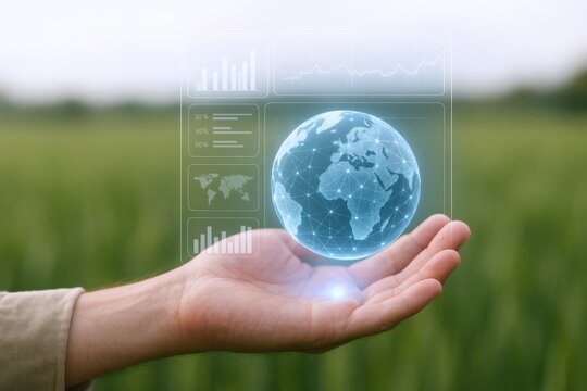 Holographic Earth Globe Displayed on Hand with Business Data Overlays Against a Green Field Background