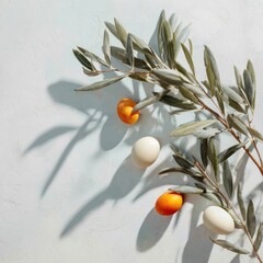 Easter arrangement with colored eggs, leafy branch on a textured blue backdrop with shadows