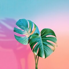 Lush monstera leaves in vibrant gradient light, casting a shadow