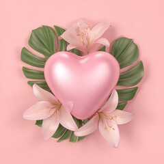 A glossy pink heart nestled amongst pink lilies and large tropical leaves on a pink backdrop