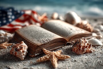 Open book surrounded by seashells and sand