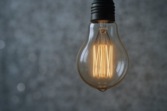 Edison Style Light Bulb with Glowing Filament Against a Textured Gray Background for Modern Interior Design