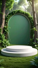 Sunlit Forest Archway with White Podium and Lush Greenery Cinematic Real Estate Backdrop