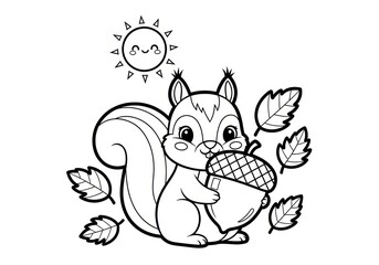 Naklejka premium Cute Squirrel Holding Acorn Coloring Page with Autumn Leaves and Sun.