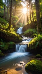 Sunlit Forest Cascade with Mossy Rocks and Sparkling Water Vertical Panorama