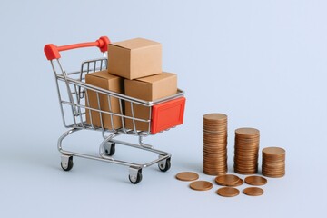 Miniature Shopping Cart with Stacked Boxes and Coin Graph Illustrating E-commerce Growth and Financial Investment