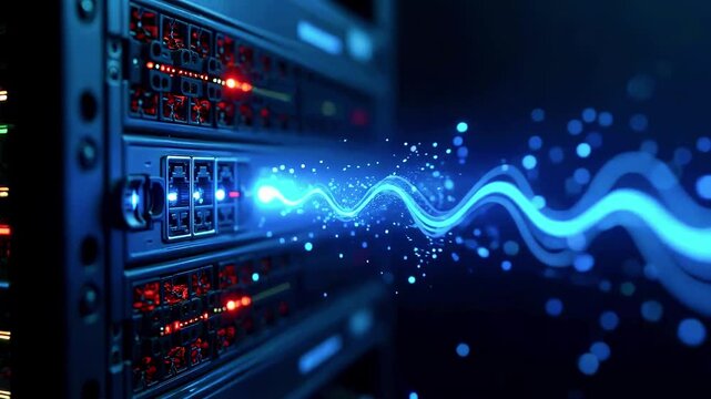 Server racks glow with red indicators as blue, data waves ripple through a hightech data center hub