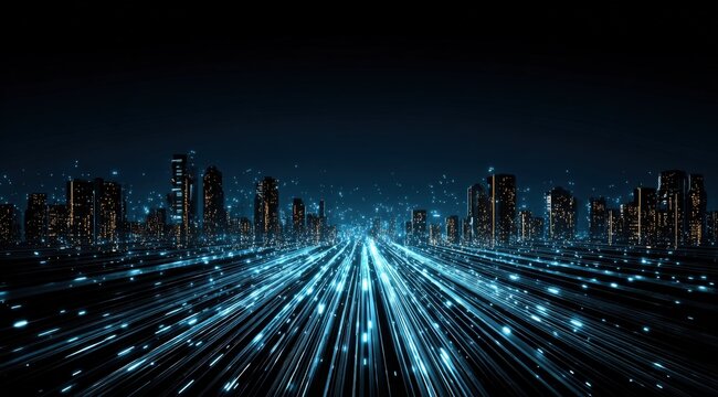 Futuristic Cityscape with Flowing Data Streams and Abstract Architecture Visualization at Night
