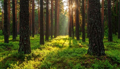 Sunlit Forest Landscape with Green Ground Cover and Tall Trees in Warm Light