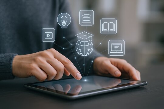 Online Education Concept: Person Using Tablet for Digital Learning with Educational Icons Overlayed