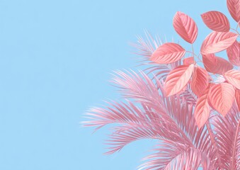 Pastel pink foliage and palm fronds contrast against a bright, light blue background