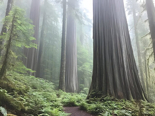 Misty Redwood Forest Path with Towering Ancient Trees.