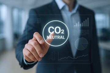CO2 Neutral Concept: Businessman Touching a Digital Interface Displaying Emissions Reduction and Sustainability Metrics