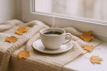 Fototapeta premium Cozy Autumn Coffee Break: Steaming Cup on Knitted Blanket by Window with Fall Leaves