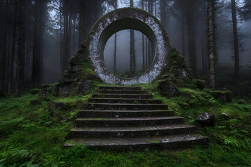 Mysterious Stone Portal in Enchanted Forest with Foggy Background.